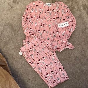 NWT Kikit Two Piece Wine Print Pajama Set